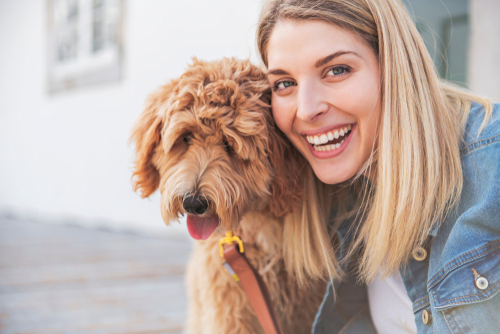 goldendoodle with woman puppies